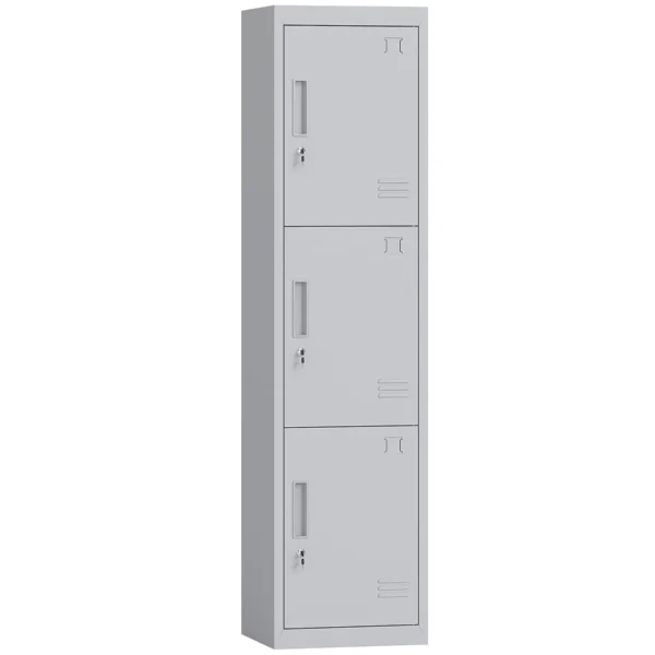 3-Door Steel Office Cabinet with Lock and 2 Keys, 45x38x180cm, Light Grey