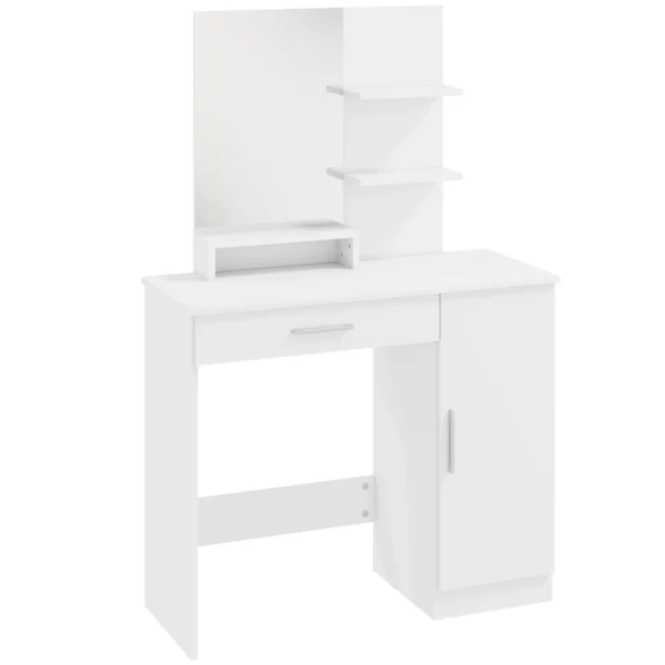 Dressing Table with Cabinet, Drawer, Makeup Mirror and Open Shelves, 90x38x138 cm, White