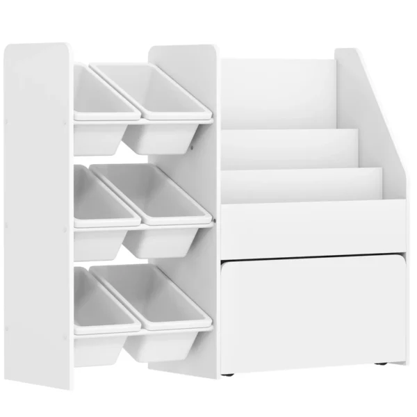 Toy Storage Shelf with 6 Baskets, 3 Shelves and Bottom Box, Made of Wood, Plastic and Steel, 100x30x80 cm, White