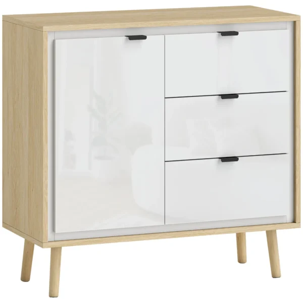 Modern Sideboard with 3 Drawers and Cabinet, Adjustable Internal Shelf and Glossy Doors, White and Oak