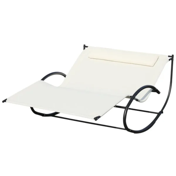 Outsunny 2-Seater Sun Lounger, Metal and Textilene Rocking Garden Lounger, 140x200x36-88cm, Cream White