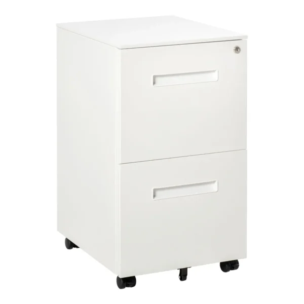 Office Drawer Cabinet with Wheels, 2-Drawer File Cabinet with Lock and 2 Keys in Steel, 39x48x67cm, White