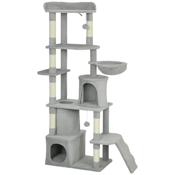 Cat Tree with 2 Houses, Hammock, Tunnel, and Bed, Sisal Poles, 60x40x170 cm, Grey