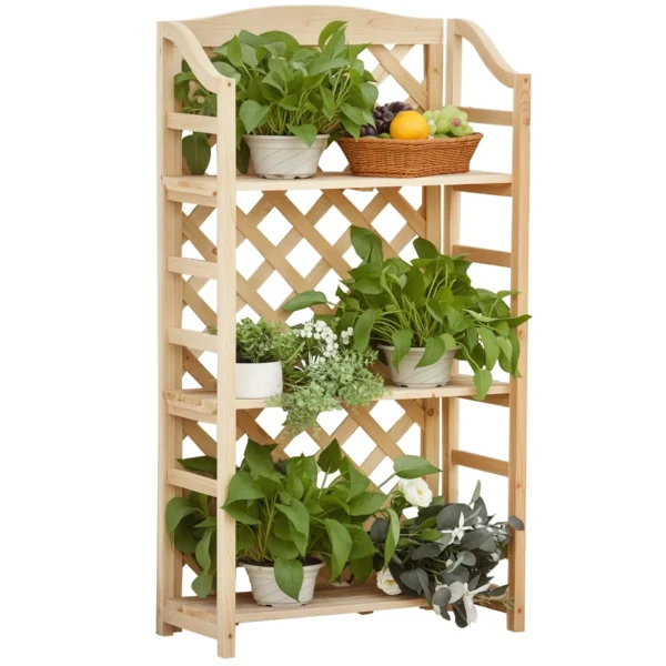 Outsunny Outdoor Plant Stand, Folding Balcony Planter with 4 Adjustable Shelves, Wooden Garden and Home Decor, 67x33x123cm