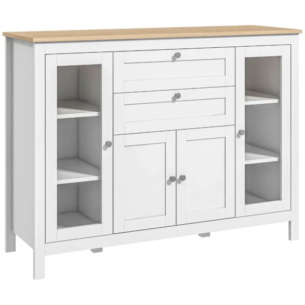 Kitchen Cabinet with 2 Drawers and 3 Cupboards, Glass Doors and Adjustable Shelves, 120x40x90 cm, White and Oak