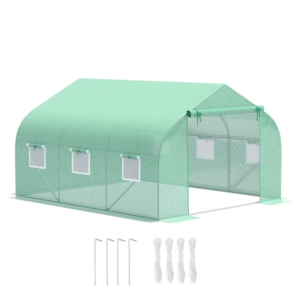 Outsunny 3.5 x 3 x 2m Garden Greenhouse with Sloping PE Roof, Door and 6 Windows, Green