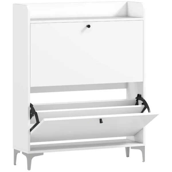 Slim Shoe Rack with 2 Flap Drawers and Adjustable Shelves, Made of Wood and Metal, 80x24x101 cm, White