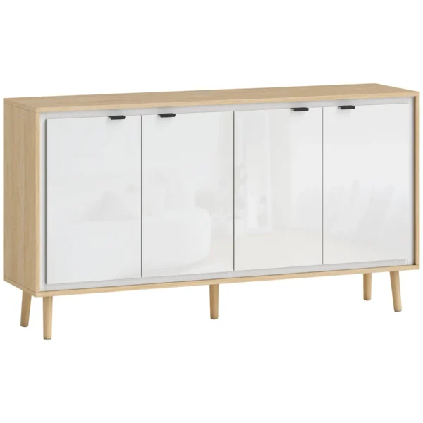 Modern 4-Door Sideboard with Adjustable Shelf, 141x35x77 cm, Gloss White and Oak