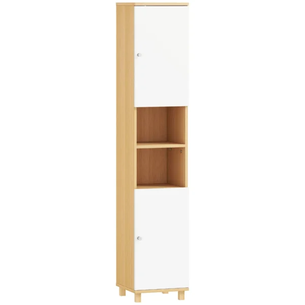 Bathroom Cabinet with 2 Cabinets and Open Shelves, Adjustable Internal Shelves, 30x30x166 cm, White and Wood