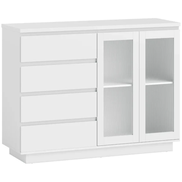 Wooden Buffet Sideboard with 4 Drawers and Cabinet with Glass Doors and Adjustable Shelves, 120x40x91 cm, White