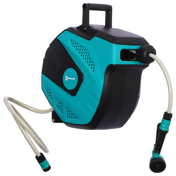 Automatic Wall-Mounted Hose Reel with 7 Watering Modes, Plastic, 44x22.5x41 cm, Black and Green