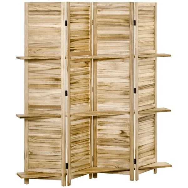 4-Panel Folding Room Divider with Shelves, Paulownia Wood, 162 x 170 cm, Wood