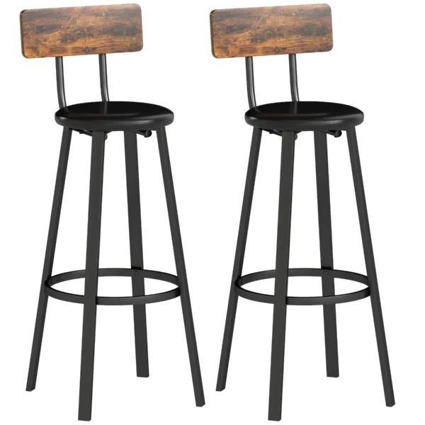 Set of 2 Industrial Style Bar Stools with Backrest, Faux Leather Seat and Footrest, Rustic Brown