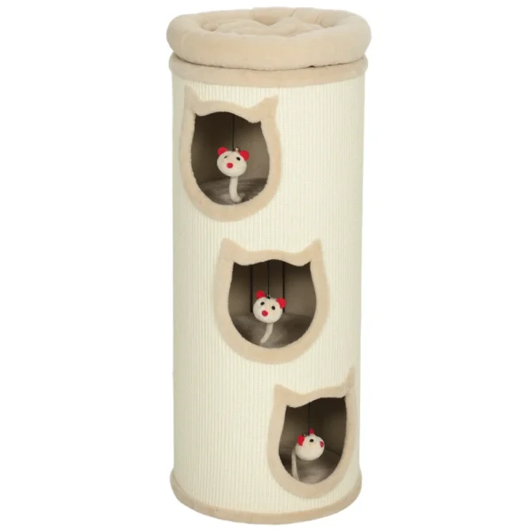 Cat Scratching Tower, 96 cm High, with 3 Cat Houses and a Removable and Washable Upper Bed, Cream