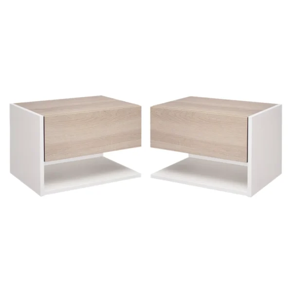 Set of 2 Wall-Mounted Bedside Tables with Drawer and Shelf, Modern Bedroom Furniture, White and Oak