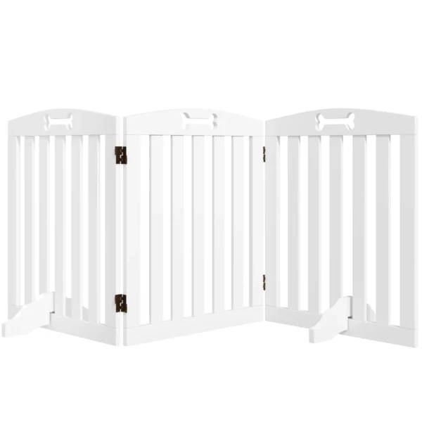 3-Panel Folding Dog Gate with 2 Stands, White Wood, 155x30x61 cm