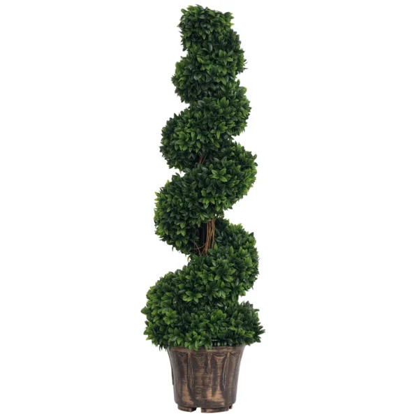 Outsunny 120cm Artificial Boxwood Spiral Indoor Plant, Indoor and Outdoor Artificial Plant with Pot Included, Fake Plant for Home, Office, Living Room, Garden Decoration, Green