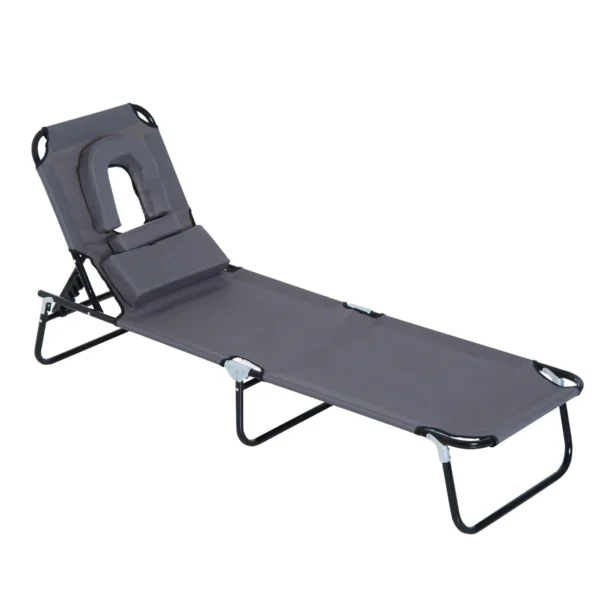 Outsunny Folding Outdoor Lounger with Face Hole and Cushions, Garden Sun Lounger, Beach and Camping, Grey