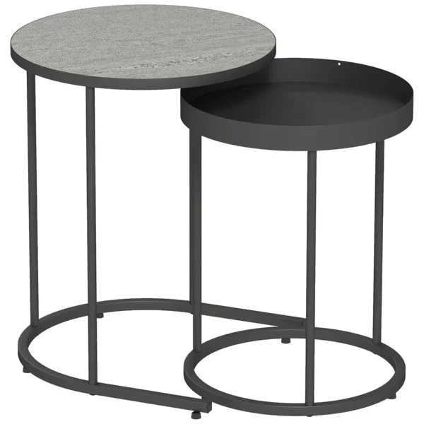 Set of 2 Industrial Style Stackable Coffee Tables, Wood and Metal, Ø42x54 cm and Ø36.5x48.5 cm, Grey and Black