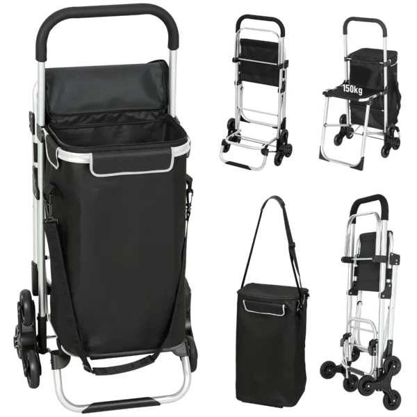 Aluminum Shopping Cart with 40L Waterproof Bag and Seat, 46x59.5x97 cm, Black and Silver