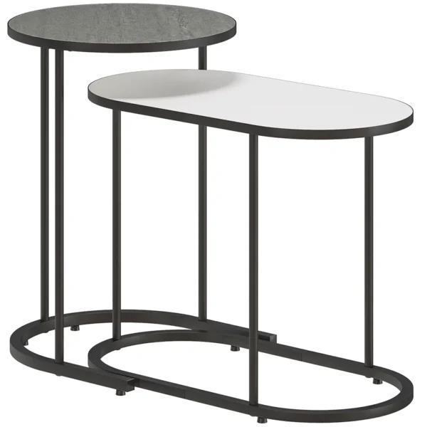 Set of 2 Stackable Coffee Tables with Metal Frame for Living Room and Office, Grey and White