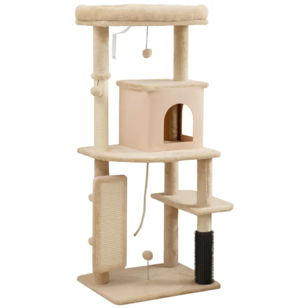 Multi-Level Cat Tree, 132 cm Tall, with House, Bed, Scratching Posts, Brush and Ball, Beige