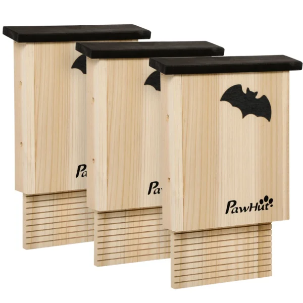 Set of 3 Outdoor Fir Wood Bat Houses, 25x6x37.5 cm, Natural Wood