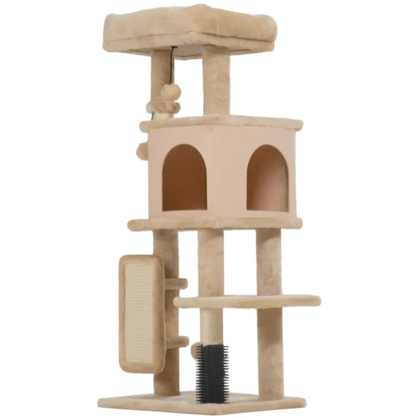 Multi-Level Cat Tree, 104 cm Tall, with House, Bed, Scratching Posts, Brush and Ball, Beige