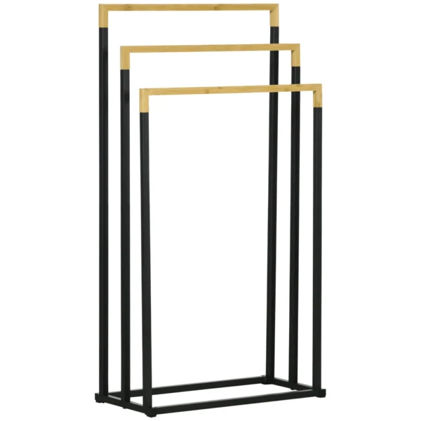 Kleankin 3-Bar Bamboo and Steel Towel Rack with Freestanding Design, 45x22.5x86 cm