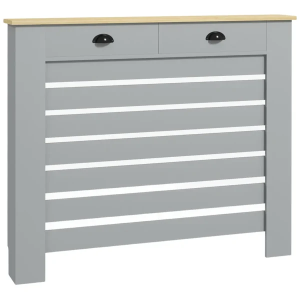 Slatted MDF Radiator Cover, Grille Radiator Cover with 2 Drawers, 111x19x95.5 cm, Grey