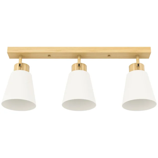 Ceiling Lamp with 3 Adjustable Light Points at 90° and E27 Sockets, Wood Color