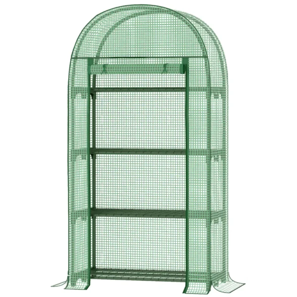 Outsunny Garden Greenhouse with Metal Shelves, PE Cover and Roll-Up Door 80x49x160cm, Green