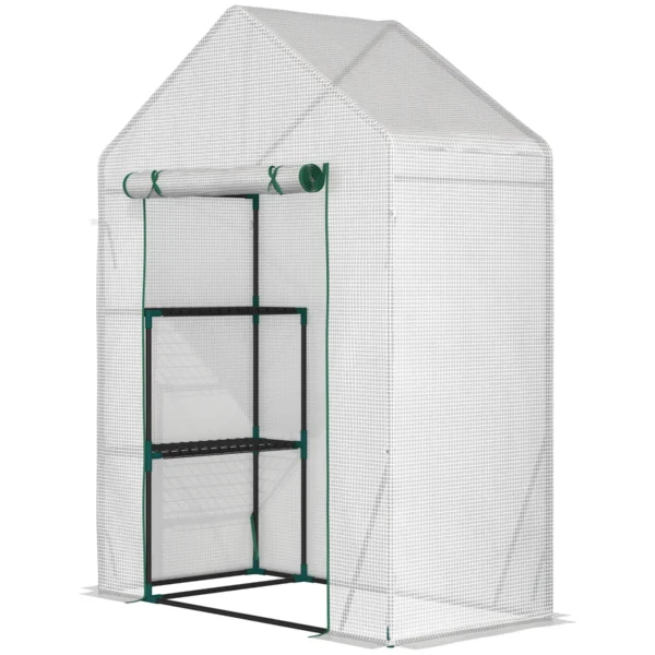 Outsunny Outdoor Garden Greenhouse in PE and Steel with 2 Shelves and Roll-Up Door, 143x73x195 cm, White