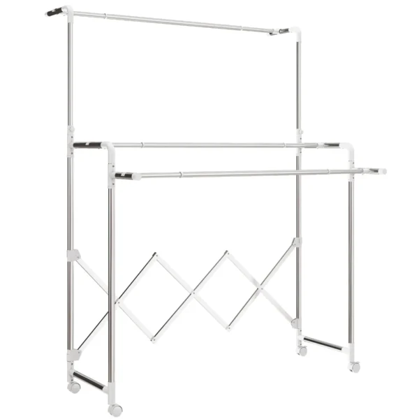 Folding Clothes Airer with 3 Adjustable Bars, Swivel Wheels and Stainless Steel Frame, Silver