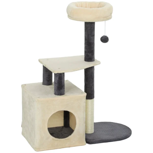 92cm Cat Tree with House, Bed, Sisal Posts and Ball, Cream White