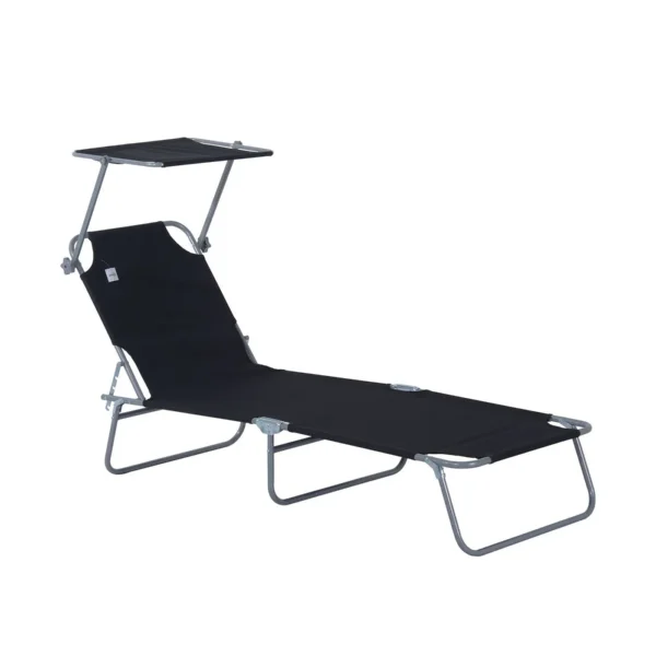 Outsunny Folding and Adjustable Garden Sun Lounger with Black Fabric Canopy, 187x58x50 cm