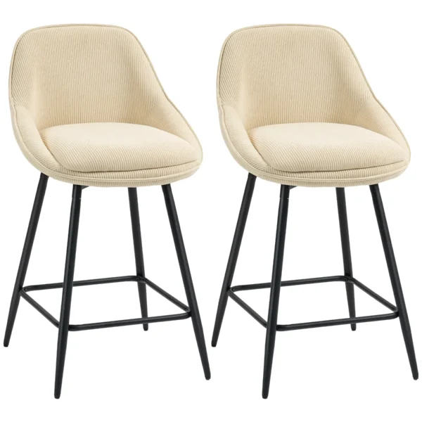 Set of 2 Swivel Bar Stools with Backrest and Armrests, Corduroy Upholstery and Footrest, Beige