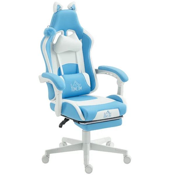 Reclining Gaming Chair with Footrest and Cushions, Faux Leather and Sponge, 65x62x116-124 cm, White and Blue