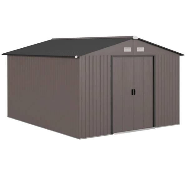 Garden Shed with 2 Sliding Doors and 4 Air Vents in Steel, 322x277x192 cm, Brown