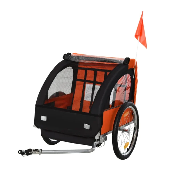 Children's Bike Trailer with 2 Seats, 2 Safety Belts, Steel Frame and Orange Oxford Fabric Cover
