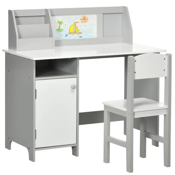 Wooden Table and Chair Set for Children Ages 5+ with School Desk and Chair, White and Grey