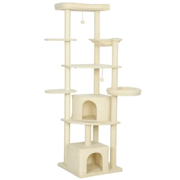 200cm High Multi-Level Cat Tree with 2 Houses, 2 Beds and Hammock, Structure for 2-3 Cats, Beige