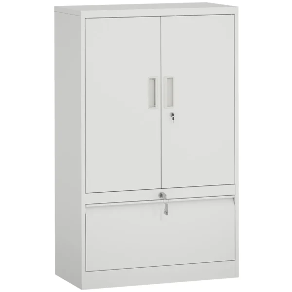 Steel Office Cabinet with Adjustable Internal Shelf and Drawer, 80x40x130 cm, White