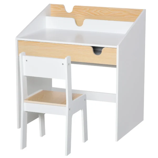 Children's Desk and Chair Set with Drawer and Shelf, Rounded Edges, Ages 6-10, White and Wood