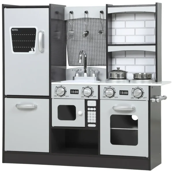 Wooden Toy Kitchen for Kids Ages 3-8 with Accessories, Fridge, Sink and Knobs with Sounds, Brown