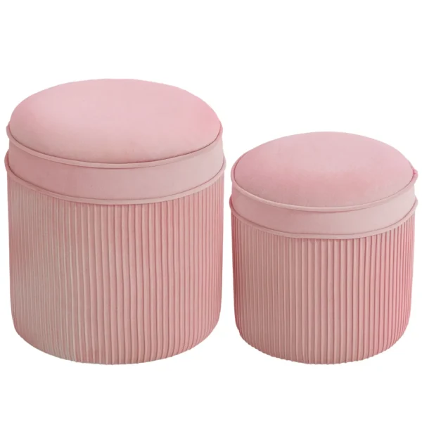 Set of 2 Round Stackable Upholstered Footstools with Velvet Upholstery, 34.8L Storage, Pink