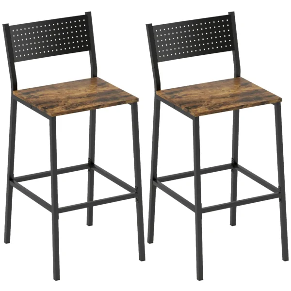 Set of 2 Industrial Style Bar Stools with Backrest and Integrated Footrest, Rustic Brown