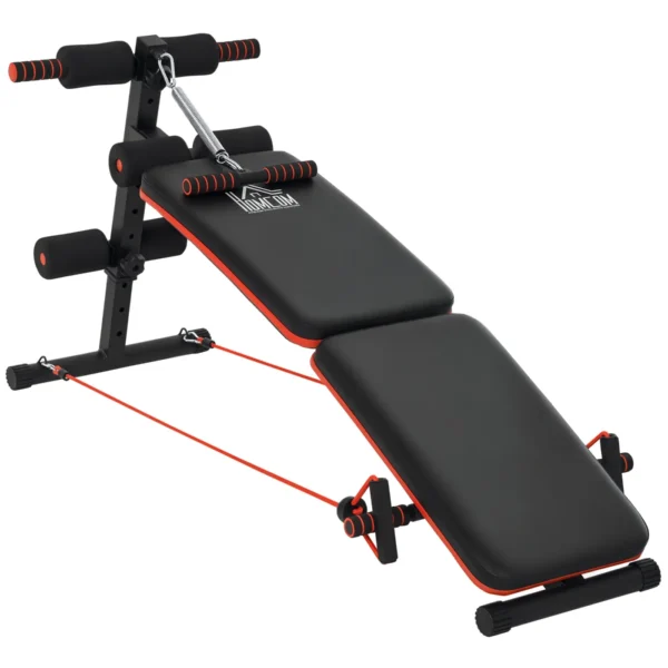 Folding and Adjustable Abdominal Bench with Rowing Machine and 2 Ropes, Steel 51x137x50-66 cm, Black and Red