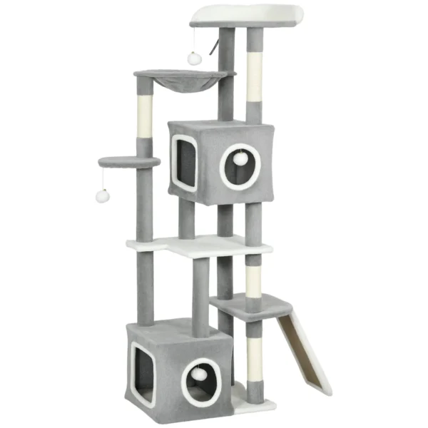 Cat Tree with 2 Cat Houses, Ramp, Perches and 4 Balls, 48x40x165 cm, Grey and White