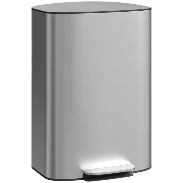50L Pedal Bin with Soft-Close Lid, 90° Opening and Removable Bucket, Stainless Steel, Grey